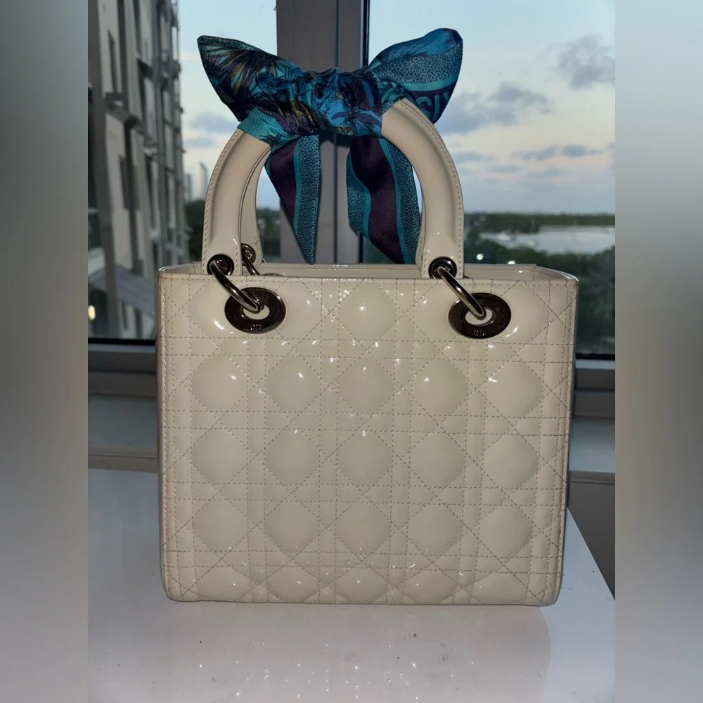 Authentic Christian Lady Dior White Handbag with Christian Dior blue Twilly